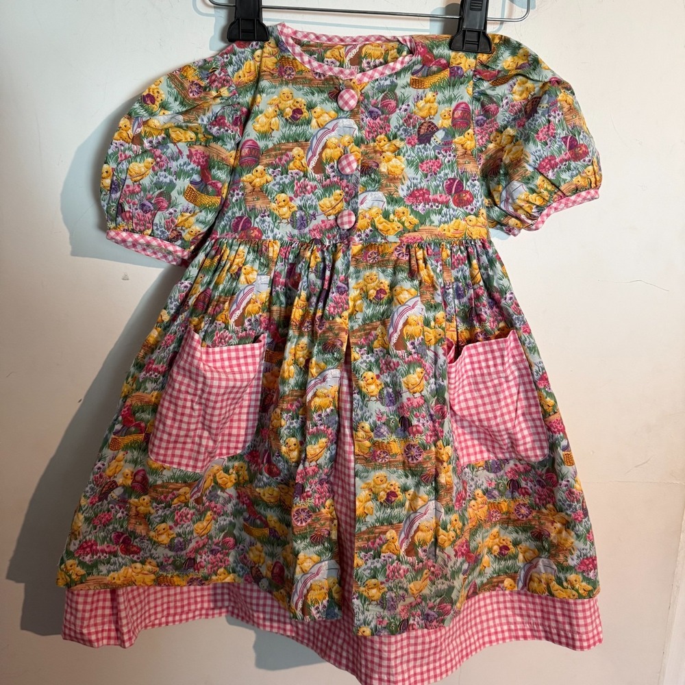 Vintage Easter Dress Girls Size 5‎ Smocked Eggs Chick Basket Colorful Novelty